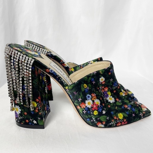 Jimmy Choo Baia Crystal Fringe Ditsy Floral Mules - Picture 2 of 13